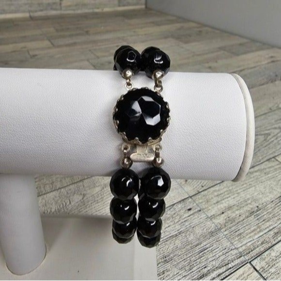 Vintage Made in Austria Black Double Strand Faceted Glass Bead Bracelet 7.5"L - Picture 1 of 5